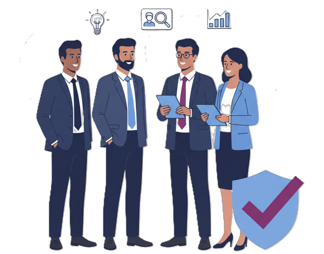 Illustration von vier Fachleuten, die Kandidatenbewertungen besprechen – Symbol für datengesteuertes Recruiting.