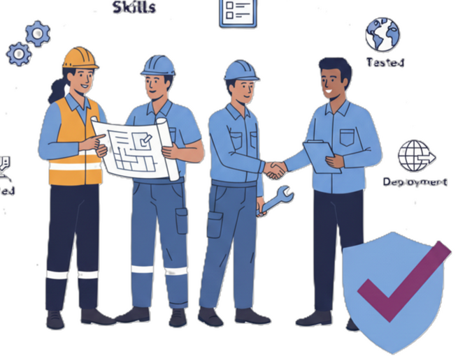 Illustration mit verschiedenen Kandidaten, die im strukturierten Auswahlprozess von Starbridge Talent Fähigkeiten testen.