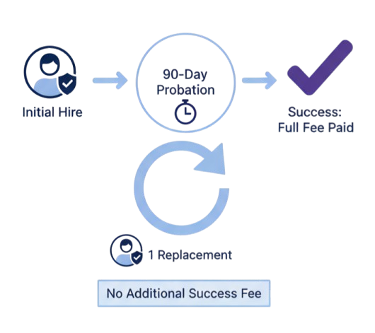 Illustration der Ersatzrichtlinie von Starbridge Talent mit einem 90-Tage-Zeitraum und kostenlosem Ersatz nach der Einstellung.