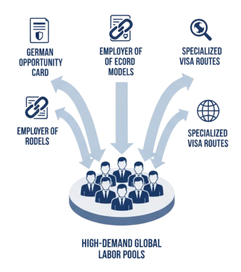 Diagramm mit globalen Einstellungswegen wie Chancenkarte, Employer-of-Record-Modellen und gezielten Visawegen von Starbridge Talent.